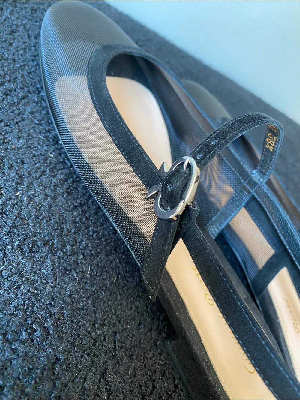 Gianvito Rossi Black Mesh Slingback Flats with Gold Buckle